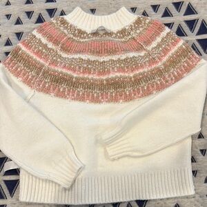 LOFT Cream and Pink Crew Neck Sweater with Fair Isle Design